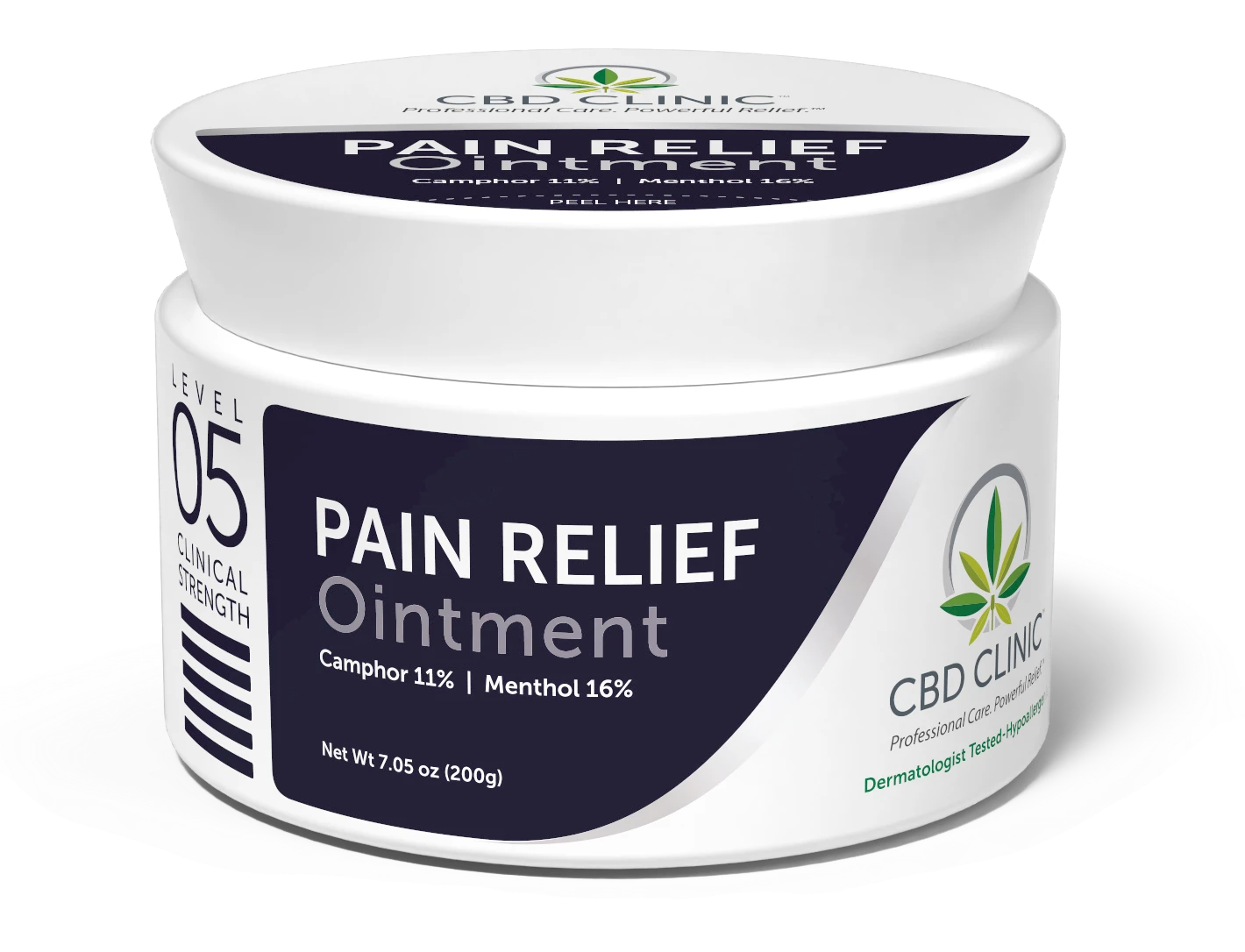 A product shot of a white jar of CBD CLINIC Pain Relief Ointment with dark blue labels. The labels list 'Level 05 Clinical Strength,' Camphor 11%, and Menthol 16%.